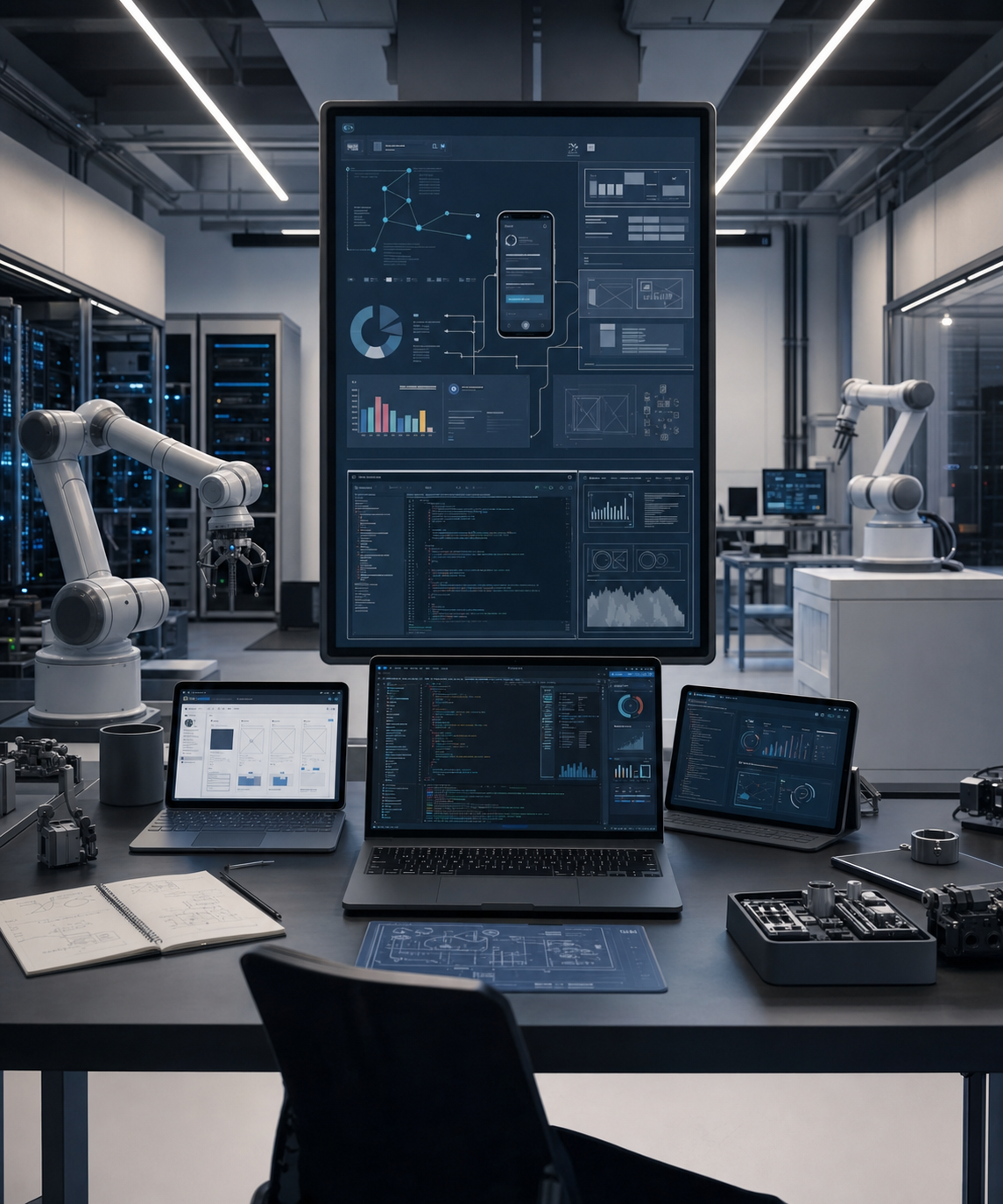 Digital product engineering lab with robotics and software workstations